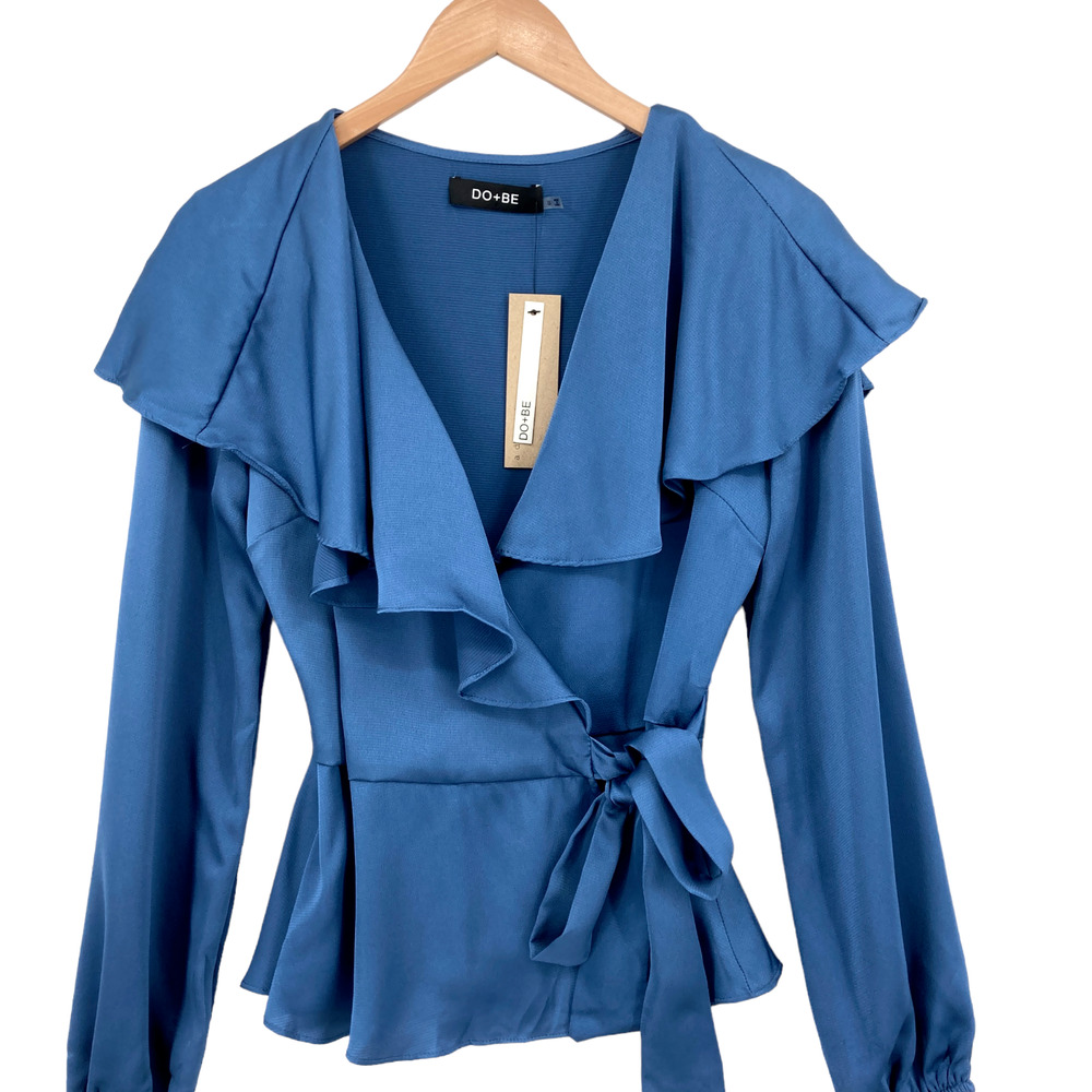 Do + Be Blouse Top Women Small Blue Ruffle Long Balloon Sleeve V Neck Drawstring